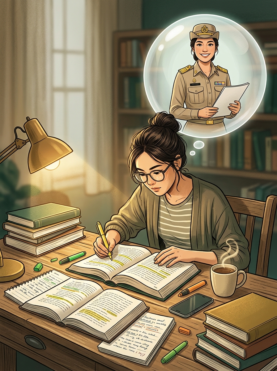 ผู้หญิงตั้งใจอ่านหนังสือเตรียมสอบ ฝันว่าได้ใส่ชุดข้าราชการสีกากี
